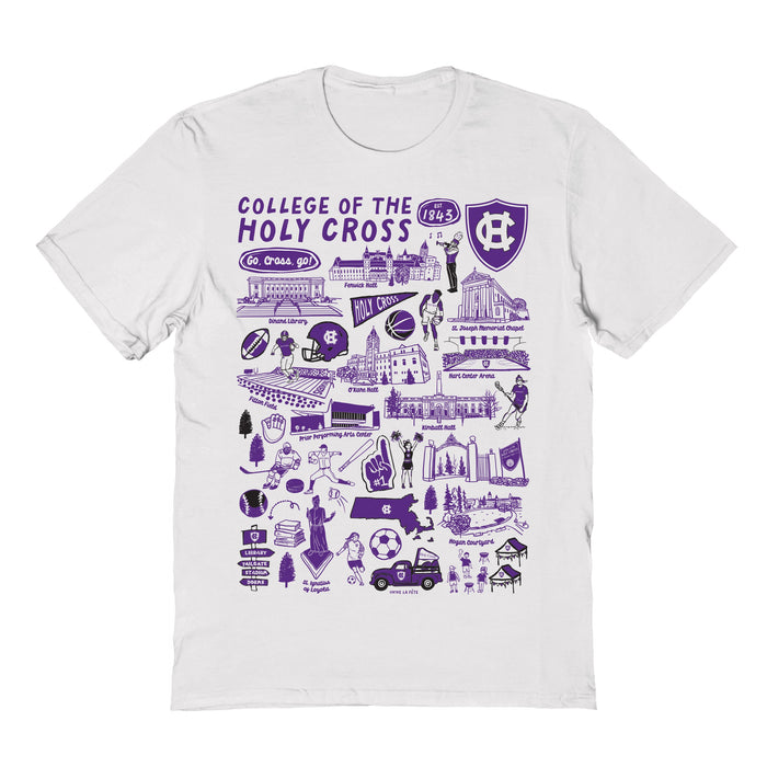 College of the Holy Cross Hand Sketched Vive La Fete Impressions White Cotton Tshirt for Women