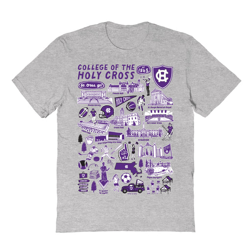 College of the Holy Cross Hand Sketched Vive La Fete Impressions Grey Cotton Tshirt for Women