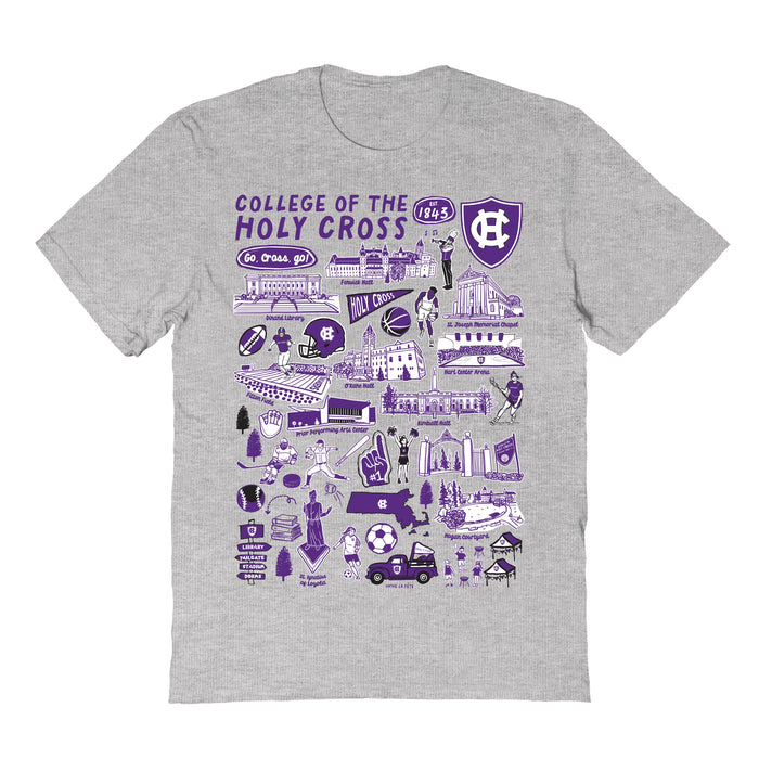 College of the Holy Cross Hand Sketched Vive La Fete Impressions Grey Cotton Tshirt for Women