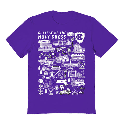 College of the Holy Cross Hand Sketched Vive La Fete Impressions Purple Cotton Tshirt for Women