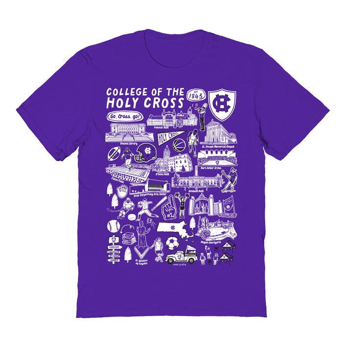 College of the Holy Cross Hand Sketched Vive La Fete Impressions Purple Cotton Tshirt for Women