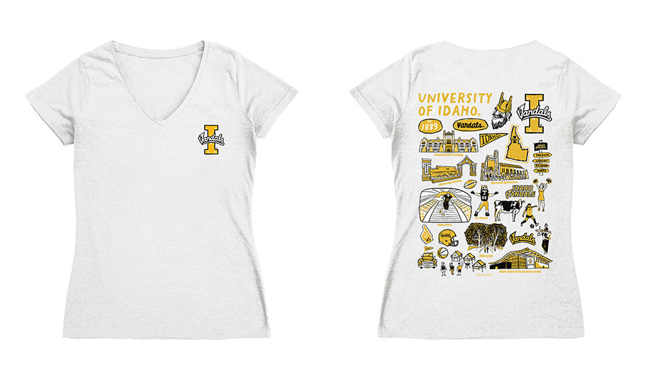 U of I Vandals Hand Sketched Vive La Fete Impressions Artwork Black Women Cotton Short Sleeve V-Neck Tshirt