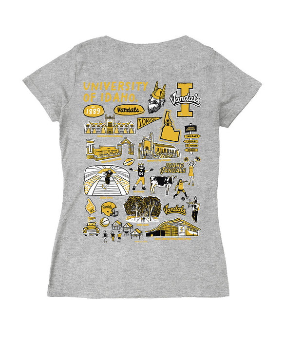 U of I Vandals Hand Sketched Vive La Fete Impressions Artwork Black Women Cotton Short Sleeve V-Neck Tshirt