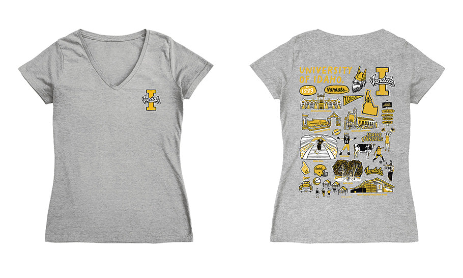 U of I Vandals Hand Sketched Vive La Fete Impressions Artwork Black Women Cotton Short Sleeve V-Neck Tshirt