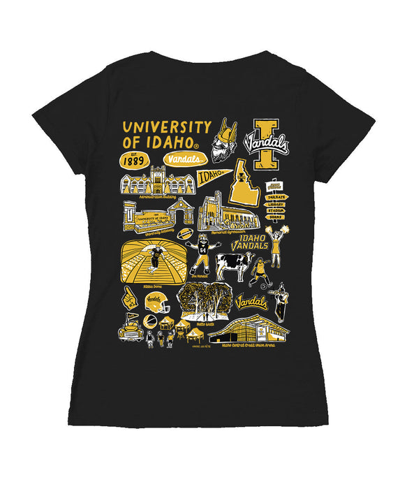 U of I Vandals Hand Sketched Vive La Fete Impressions Artwork Black Women Cotton Short Sleeve V-Neck Tshirt