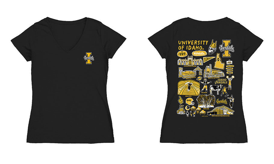 U of I Vandals Hand Sketched Vive La Fete Impressions Artwork Black Women Cotton Short Sleeve V-Neck Tshirt