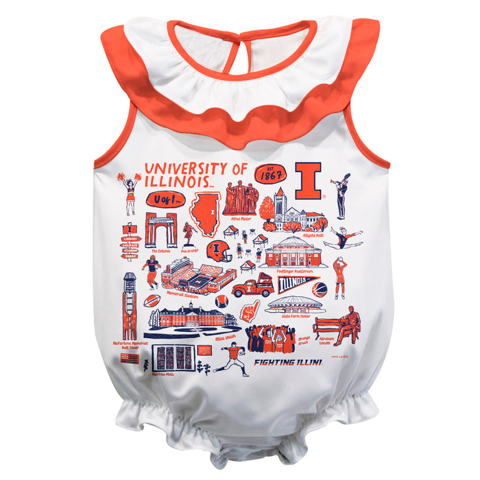 Illinois Fighting Illini  White Hand Sketched Vive La Fete Impressions Artwork Sleeveless Ruffle Onesie Bodysuit