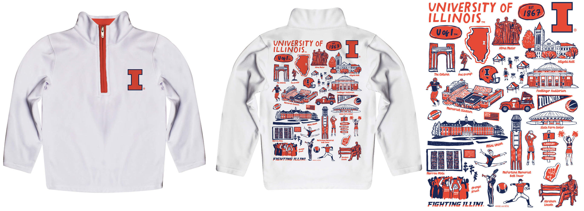 Illinois Fighting Illini Hand Sketched Vive La Fete Impressions Artwork White Boys Quarter Zip Pullover V1 - Vive La Fête - Online Apparel Store