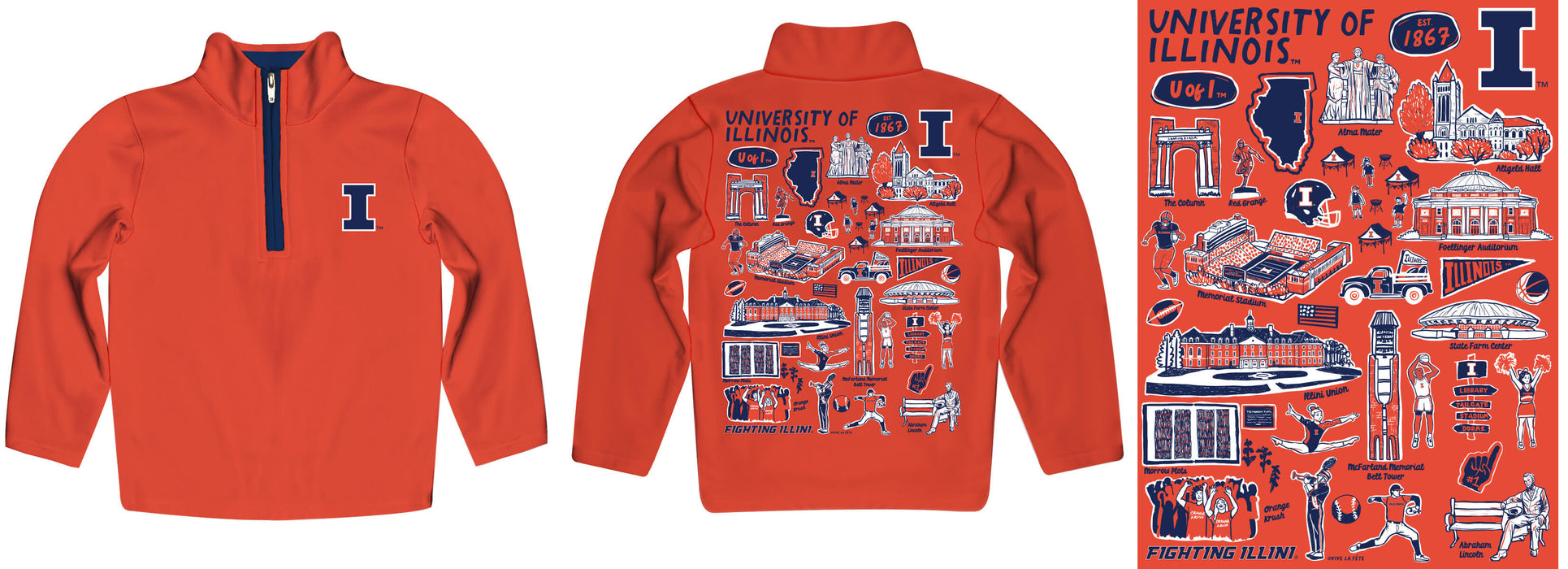 Illinois Fighting Illini Hand Sketched Vive La Fete Impressions Artwork Orange Boys Quarter Zip Pullover V1 - Vive La Fête - Online Apparel Store