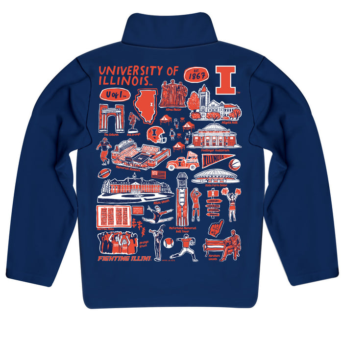 Illinois Fighting Illini Hand Sketched Vive La Fete Impressions Artwork Blue Boys Quarter Zip Pullover V1 - Vive La Fête - Online Apparel Store
