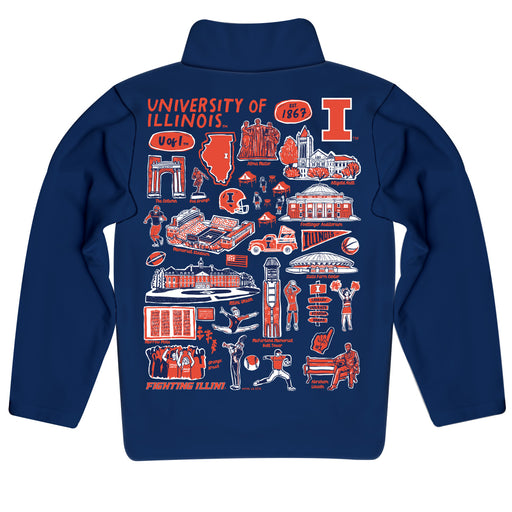 Illinois Fighting Illini Hand Sketched Vive La Fete Impressions Artwork Blue Boys Quarter Zip Pullover V1 - Vive La Fête - Online Apparel Store