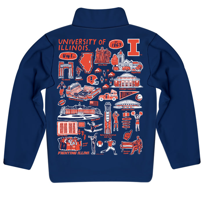 Illinois Fighting Illini Hand Sketched Vive La Fete Impressions Artwork Blue Boys Quarter Zip Pullover V1 - Vive La Fête - Online Apparel Store