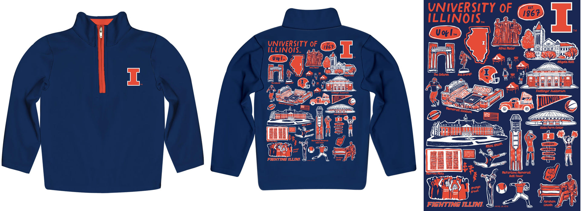Illinois Fighting Illini Hand Sketched Vive La Fete Impressions Artwork Blue Boys Quarter Zip Pullover V1 - Vive La Fête - Online Apparel Store