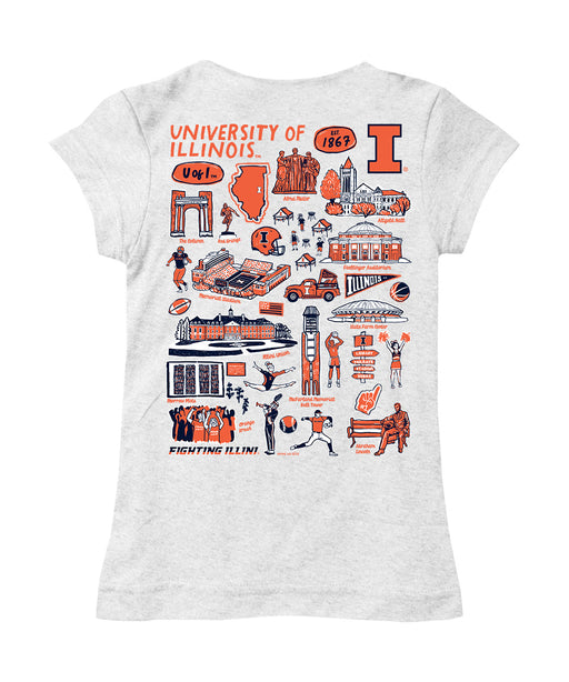  Illinois Fighting Illini Hand Sketched Vive La Fete Impressions Artwork White Girls Cotton Short Sleeve Tee - Vive La Fête - Online Apparel Store