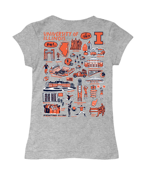  Illinois Fighting Illini Hand Sketched Vive La Fete Impressions Artwork Grey Girls Cotton Short Sleeve Tee - Vive La Fête - Online Apparel Store