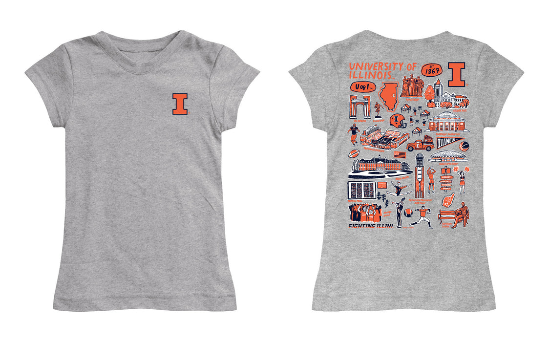  Illinois Fighting Illini Hand Sketched Vive La Fete Impressions Artwork Grey Girls Cotton Short Sleeve Tee - Vive La Fête - Online Apparel Store