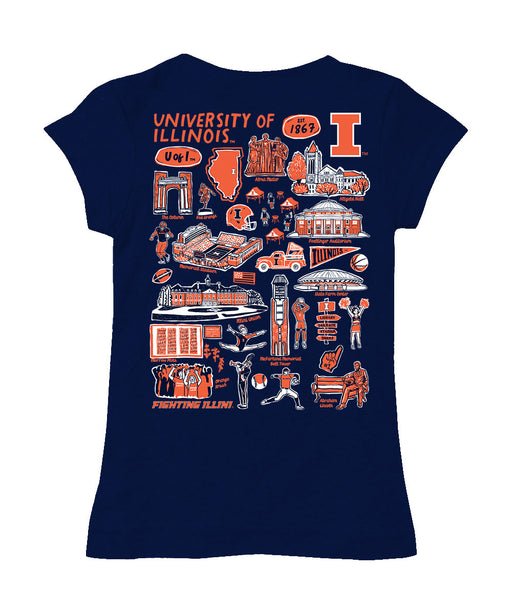  Illinois Fighting Illini Hand Sketched Vive La Fete Impressions Artwork Navy Girls Cotton Short Sleeve Tee - Vive La Fête - Online Apparel Store