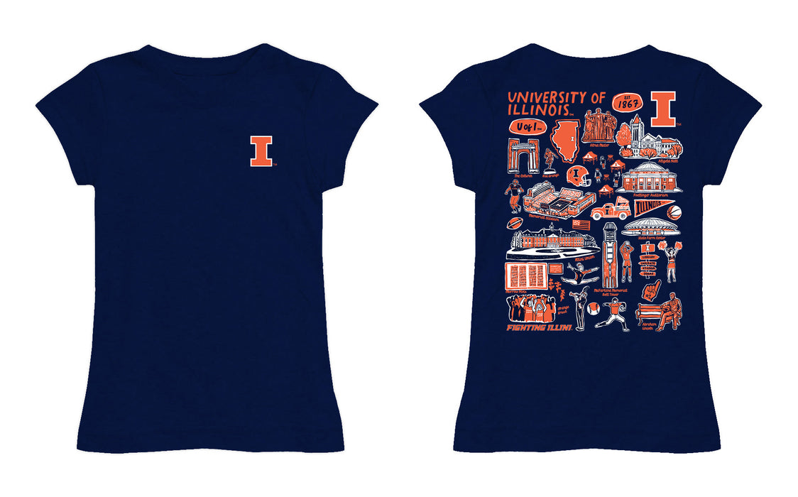  Illinois Fighting Illini Hand Sketched Vive La Fete Impressions Artwork Navy Girls Cotton Short Sleeve Tee - Vive La Fête - Online Apparel Store