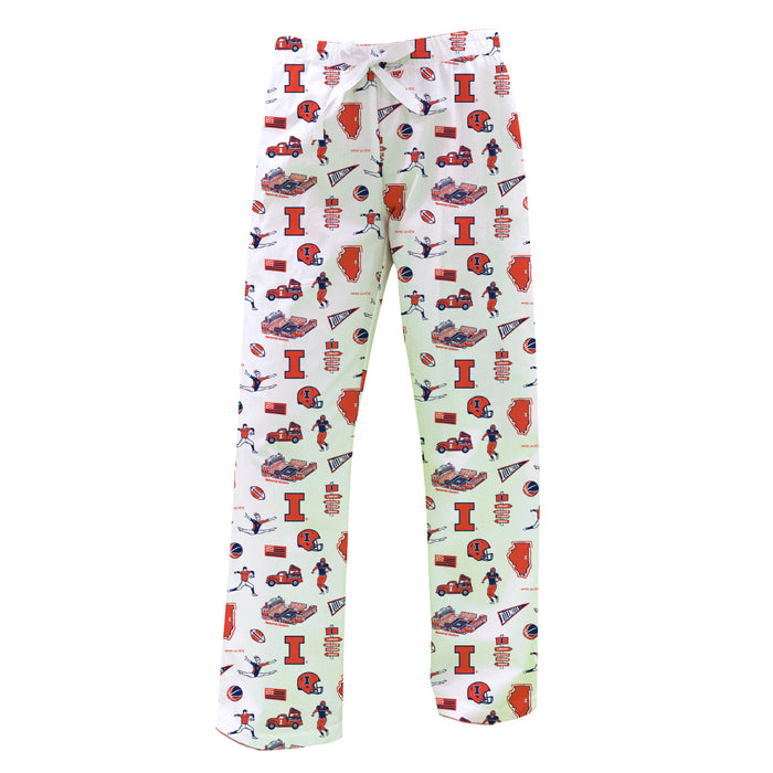 Illinois Fighting Illini Repeat Print Hand Sketched Vive La Fete Impressions Artwork Womens  White  Lounge Pants
