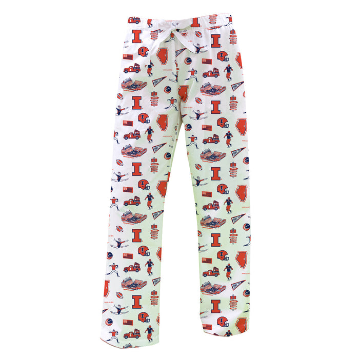 Illinois Fighting Illini Repeat Print Hand Sketched Vive La Fete Impressions Artwork Womens  White  Lounge Pants