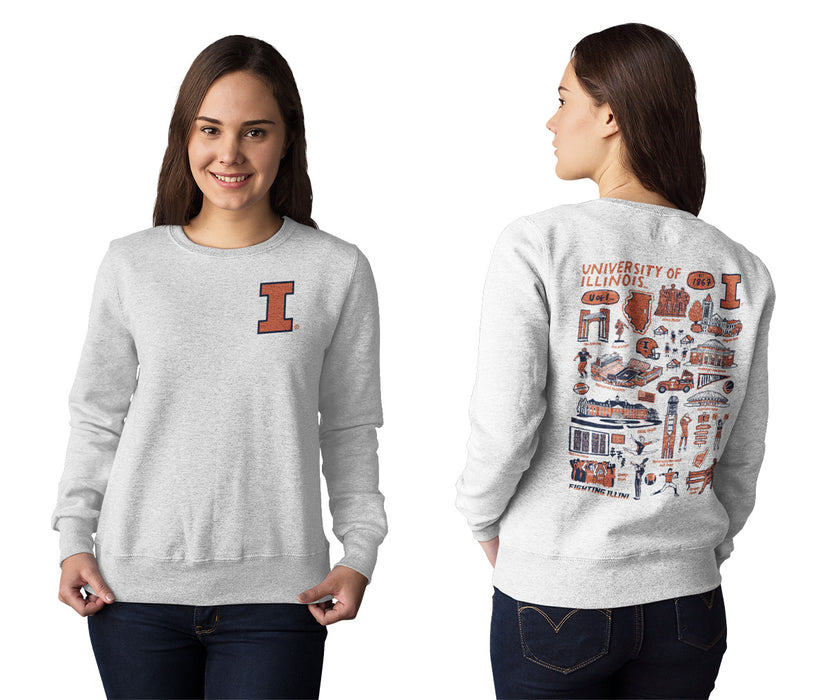 Illinois Fighting Illini Hand Sketched Artwork Navy Crewneck Sweatshirt for Women - Vive La Fête - Online Apparel Store