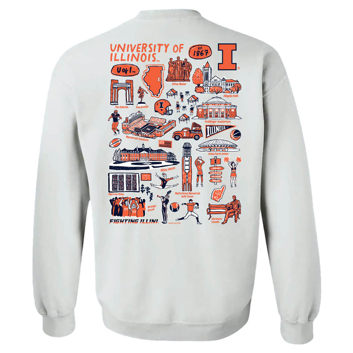 Illinois Fighting Illini Hand Sketched Artwork Navy Crewneck Sweatshirt for Women - Vive La Fête - Online Apparel Store