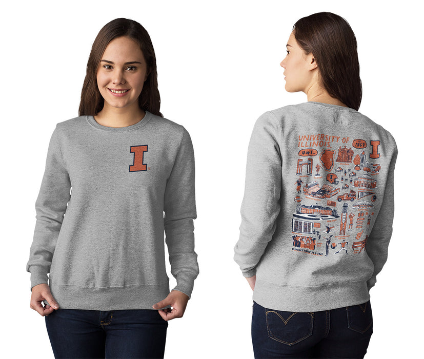 Illinois Fighting Illini Hand Sketched Artwork Navy Crewneck Sweatshirt for Women - Vive La Fête - Online Apparel Store