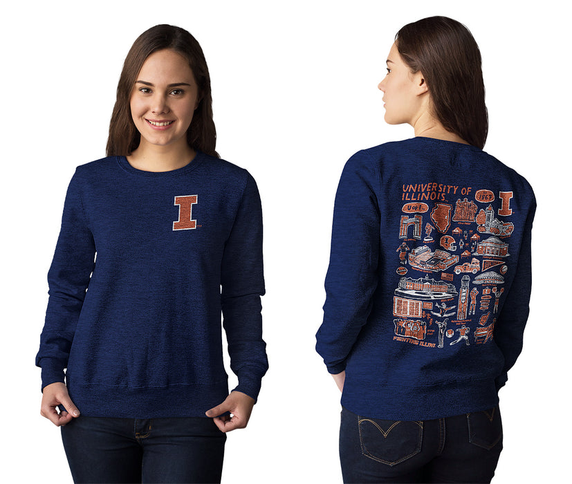 Illinois Fighting Illini Hand Sketched Artwork Navy Crewneck Sweatshirt for Women - Vive La Fête - Online Apparel Store
