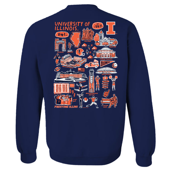 Illinois Fighting Illini Hand Sketched Artwork Navy Crewneck Sweatshirt for Women - Vive La Fête - Online Apparel Store