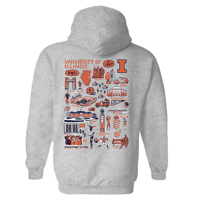Illinois Fighting Illini Hand Sketched Artwork Cotton Fleece Women Hoodie - Vive La Fête - Online Apparel Store