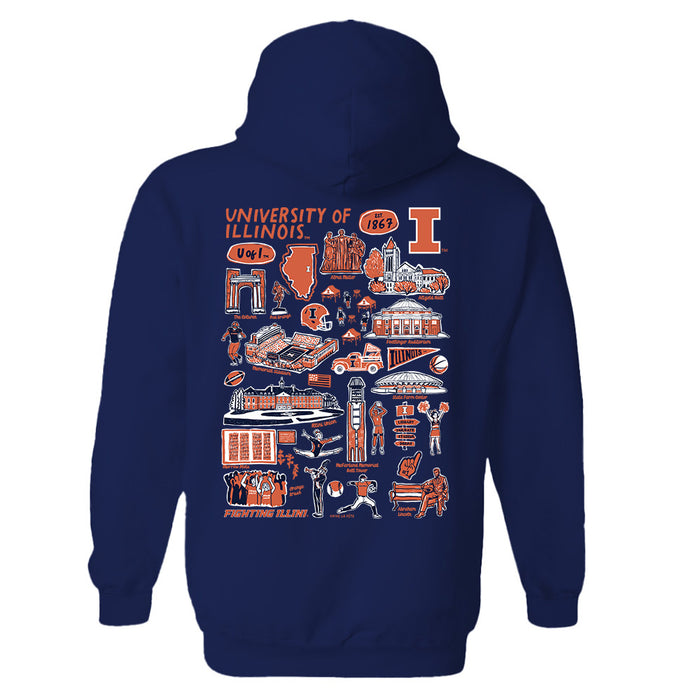 Illinois Fighting Illini Hand Sketched Artwork Cotton Fleece Women Hoodie - Vive La Fête - Online Apparel Store