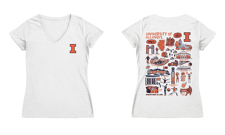  Illinois Fighting Illini Hand Sketched Vive La Fete Impressions Artwork Navy Women Cotton Short Sleeve V-Neck Tshirt