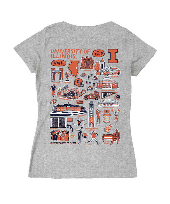  Illinois Fighting Illini Hand Sketched Vive La Fete Impressions Artwork Navy Women Cotton Short Sleeve V-Neck Tshirt