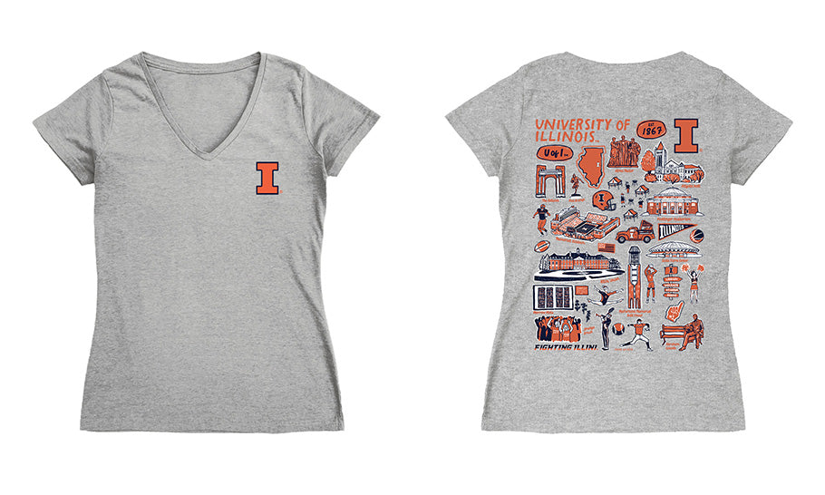  Illinois Fighting Illini Hand Sketched Vive La Fete Impressions Artwork Navy Women Cotton Short Sleeve V-Neck Tshirt