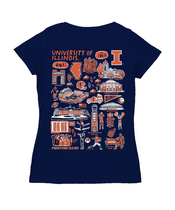  Illinois Fighting Illini Hand Sketched Vive La Fete Impressions Artwork Navy Women Cotton Short Sleeve V-Neck Tshirt