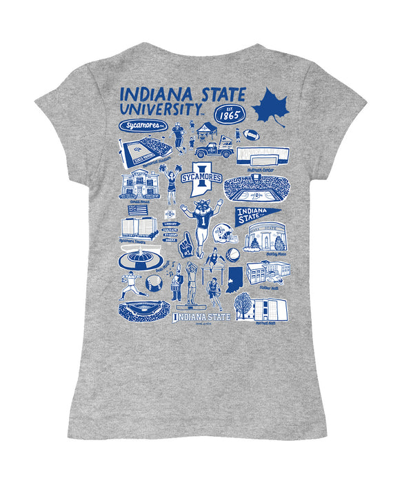 Indiana State Sycamores Hand Sketched Vive La Fete Impressions Artwork Grey Girls Cotton Short Sleeve Tee - Vive La Fête - Online Apparel Store