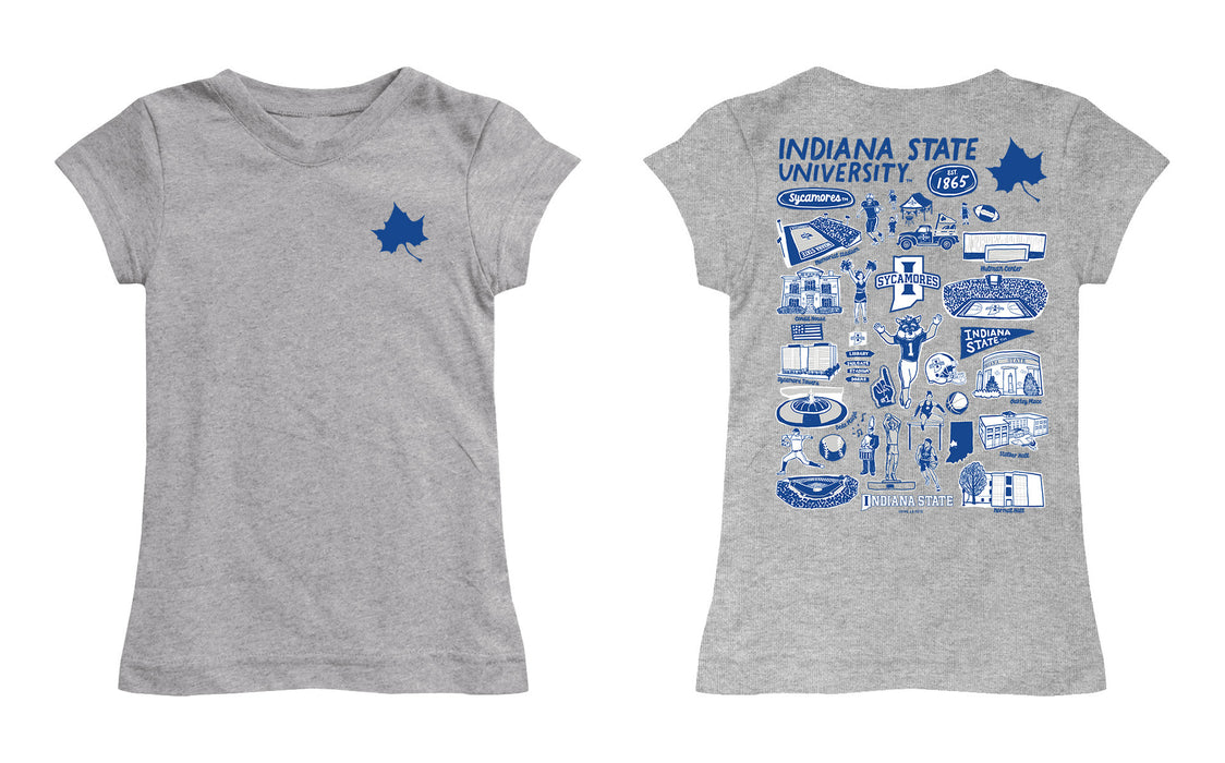 Indiana State Sycamores Hand Sketched Vive La Fete Impressions Artwork Grey Girls Cotton Short Sleeve Tee - Vive La Fête - Online Apparel Store