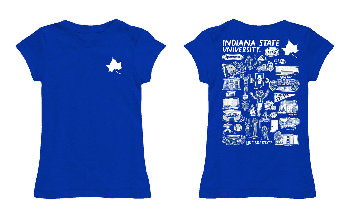 Indiana State Sycamores Hand Sketched Vive La Fete Impressions Artwork Blue Girls Cotton Short Sleeve Tee - Vive La Fête - Online Apparel Store