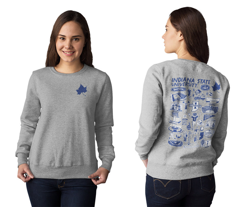 Indiana State Sycamores Hand Sketched Artwork Gray Crewneck Sweatshirt for Women - Vive La Fête - Online Apparel Store