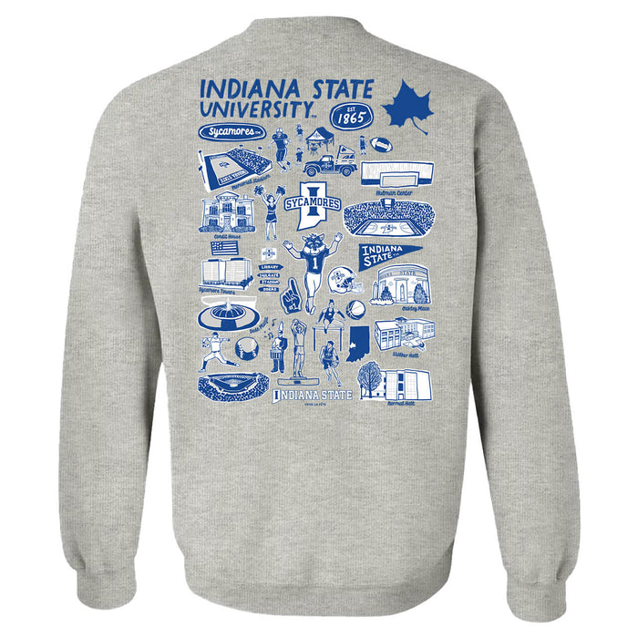 Indiana State Sycamores Hand Sketched Artwork Gray Crewneck Sweatshirt for Women - Vive La Fête - Online Apparel Store