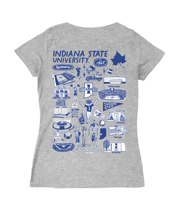 Indiana State Sycamores Hand Sketched Vive La Fete Impressions Artwork Royal Women Cotton Short Sleeve V-Neck Tshirt