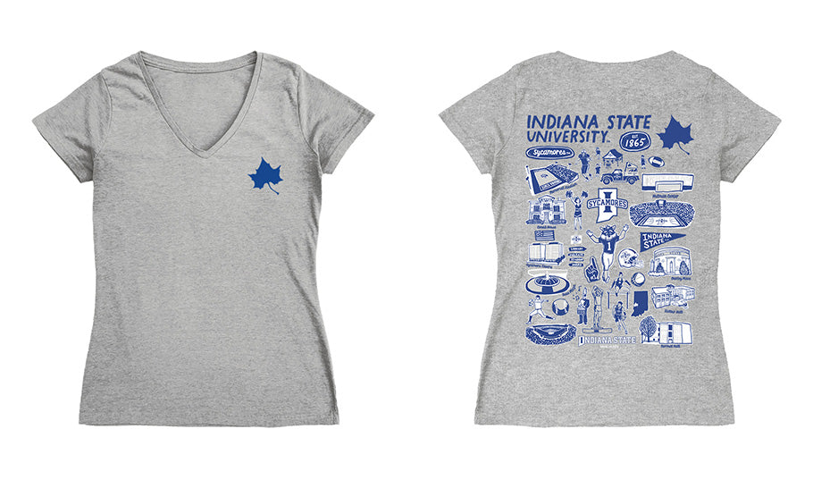 Indiana State Sycamores Hand Sketched Vive La Fete Impressions Artwork Royal Women Cotton Short Sleeve V-Neck Tshirt