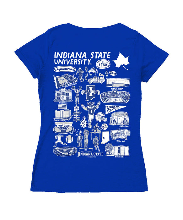 Indiana State Sycamores Hand Sketched Vive La Fete Impressions Artwork Royal Women Cotton Short Sleeve V-Neck Tshirt
