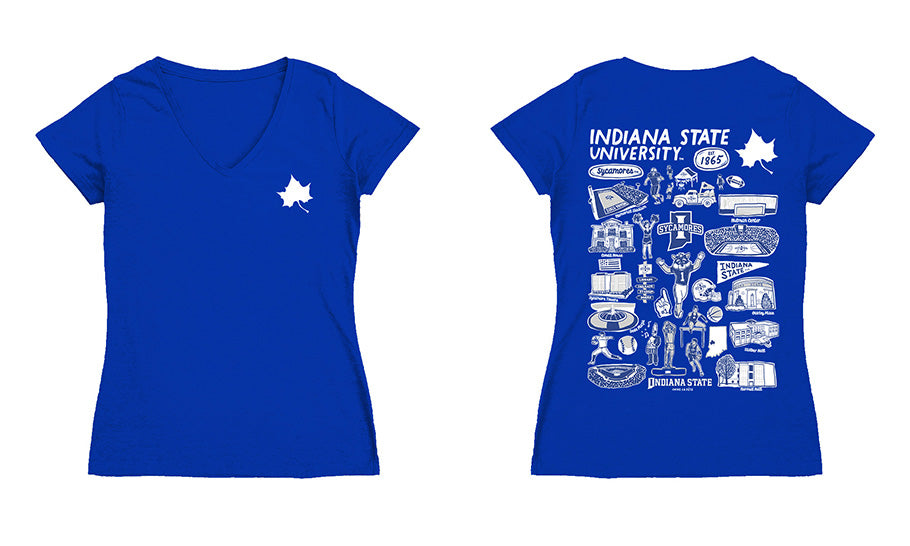 Indiana State Sycamores Hand Sketched Vive La Fete Impressions Artwork Royal Women Cotton Short Sleeve V-Neck Tshirt