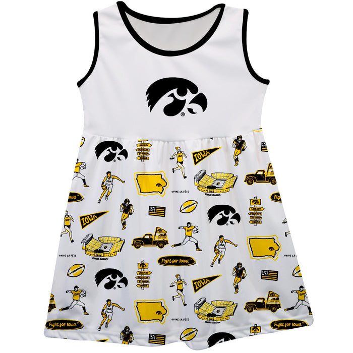 Iowa Hawkeyes Sleeveless Tank Dress Girls White Repeat Print Hand Sketched Vive La Fete Impressions