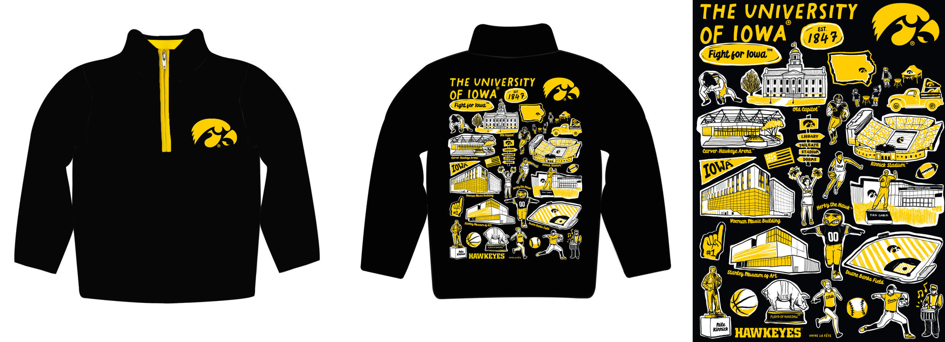 Iowa Hawkeyes Hand Sketched Vive La Fete Impressions Artwork  Black Boys Quarter Zip Pullover V1 - Vive La Fête - Online Apparel Store