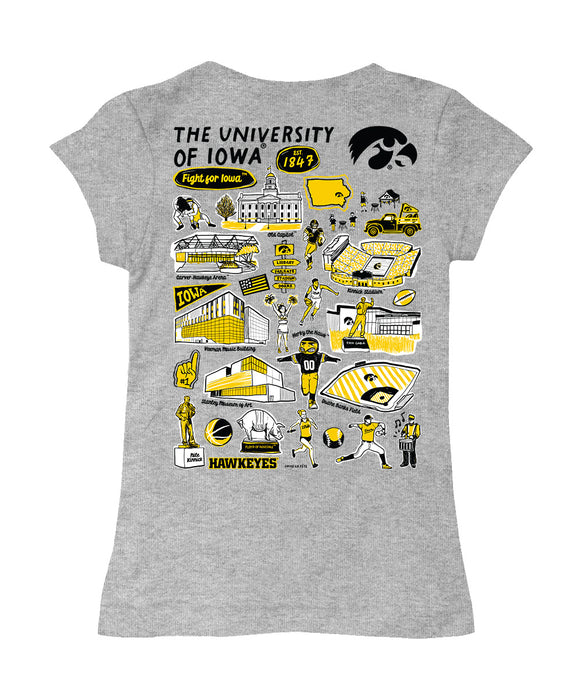 Iowa Hawkeyes Hand Sketched Vive La Fete Impressions Artwork Grey Girls Cotton Short Sleeve Tee - Vive La Fête - Online Apparel Store