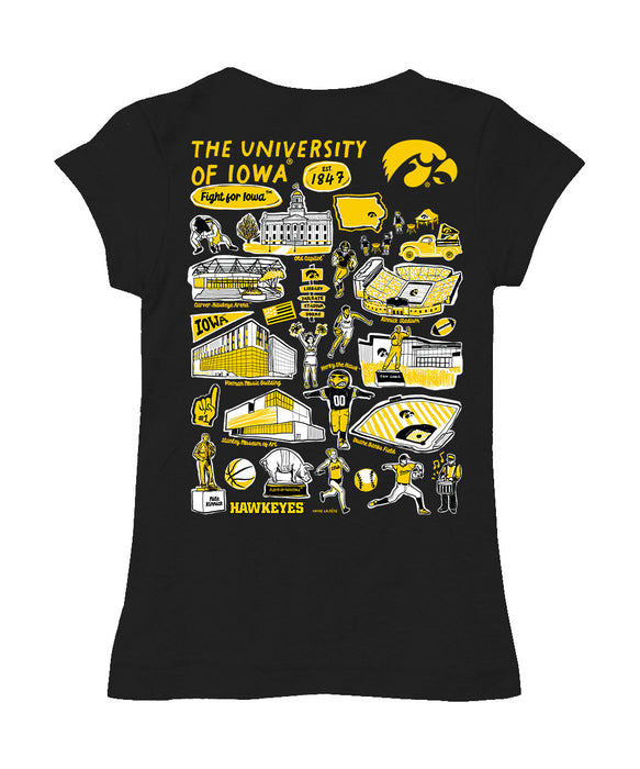 Iowa Hawkeyes Hand Sketched Vive La Fete Impressions Artwork Black Girls Cotton Short Sleeve Tee - Vive La Fête - Online Apparel Store