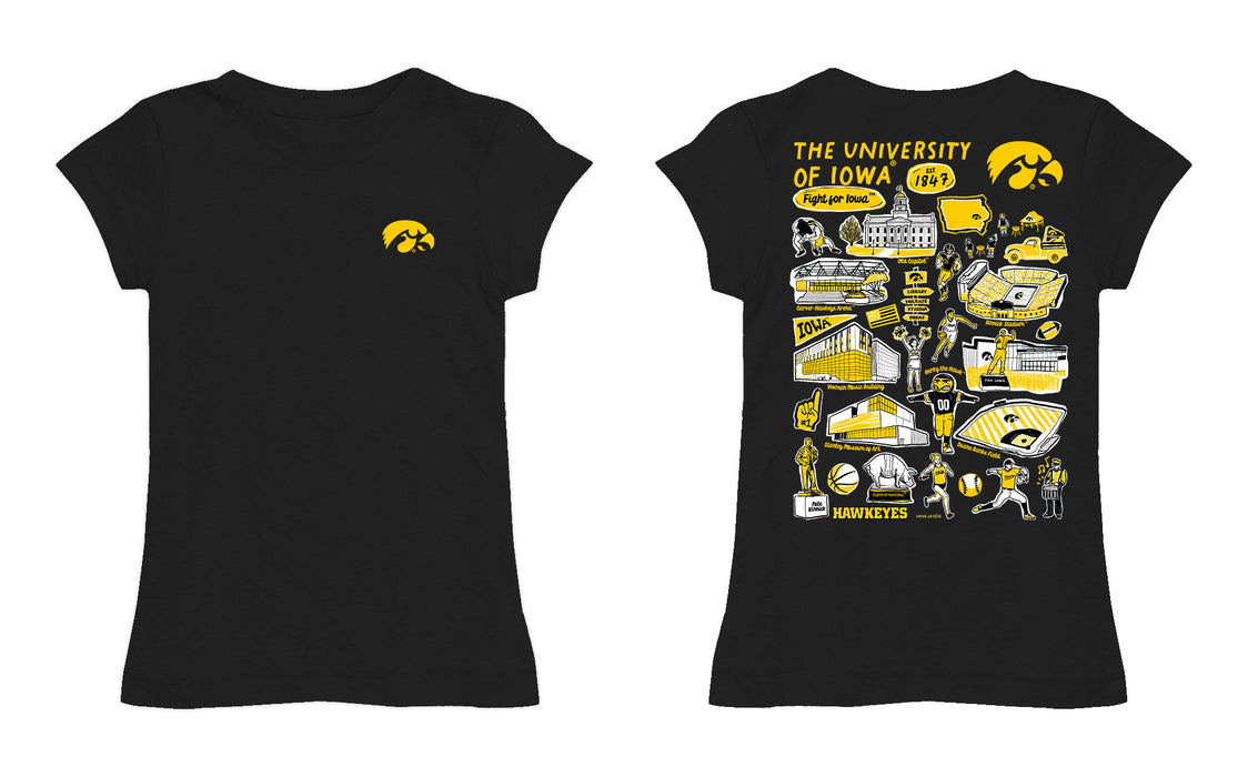 Iowa Hawkeyes Hand Sketched Vive La Fete Impressions Artwork Black Girls Cotton Short Sleeve Tee - Vive La Fête - Online Apparel Store