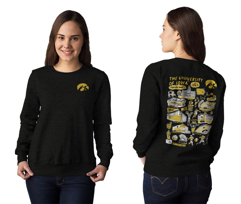 Iowa Hawkeyes Hand Sketched Artwork Black Crewneck Sweatshirt for Women - Vive La Fête - Online Apparel Store